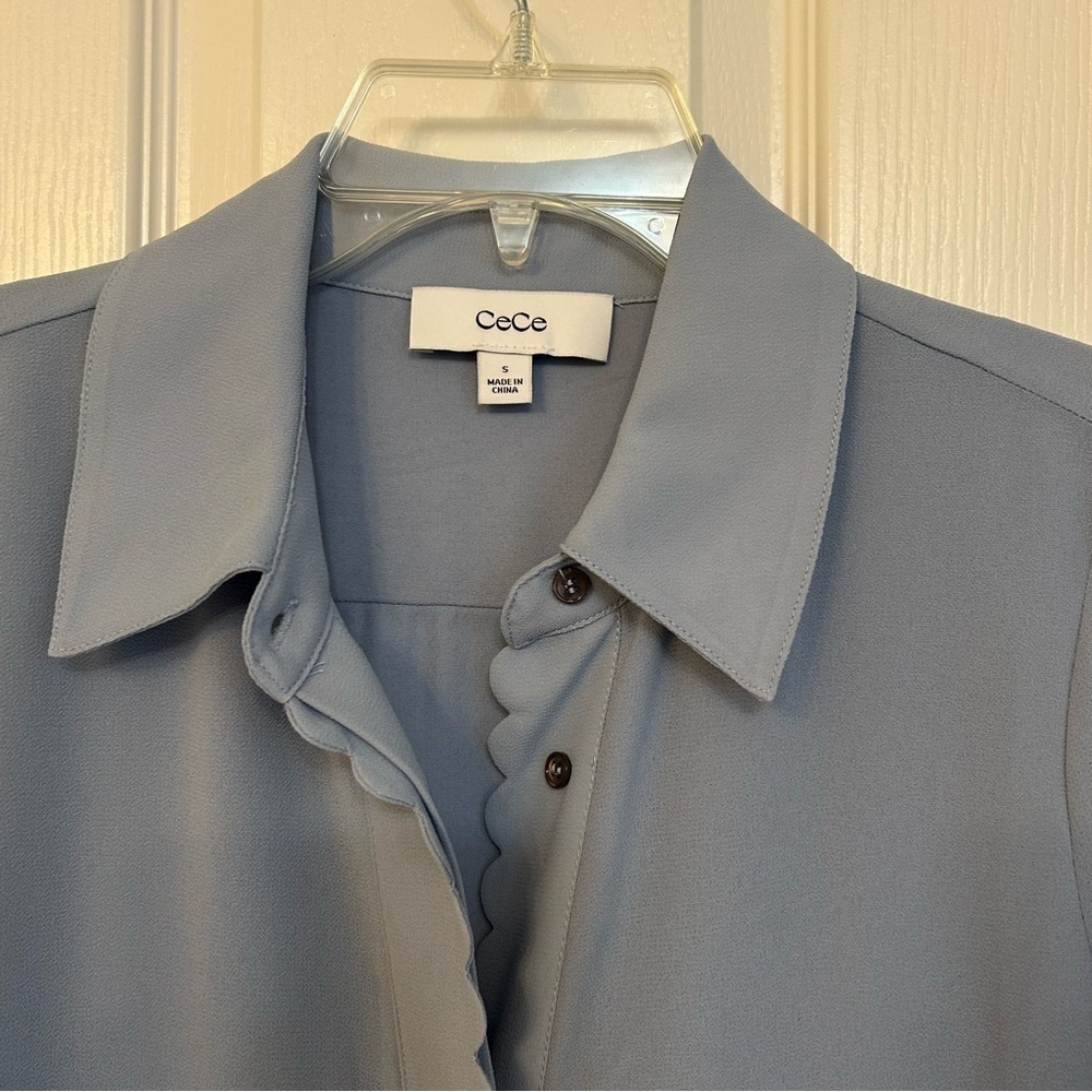 CeCe Women's Scalloped-Trim Collared Long-Sleeve Blouse in Slate Blue Size S - Picture 6 of 9